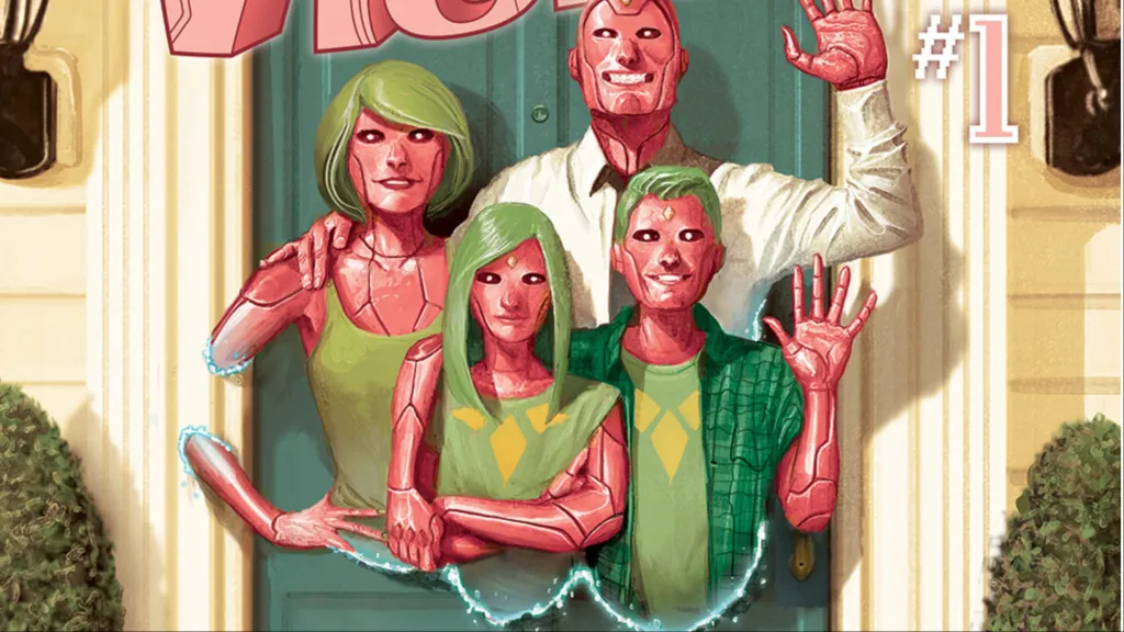 The Vision and his family phasing through a door