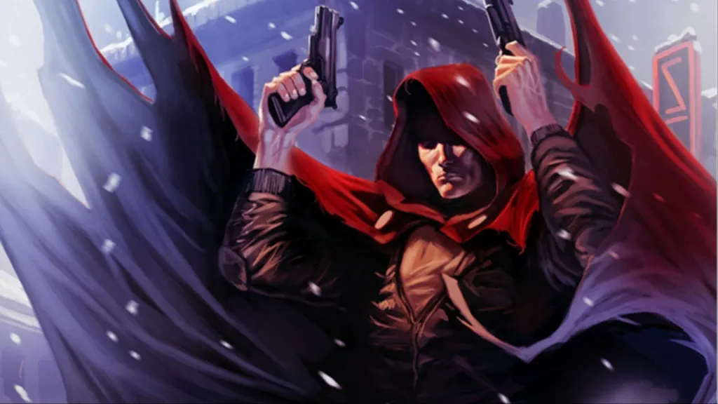 The Hood holding up his guns with his cloak whipping in the wind