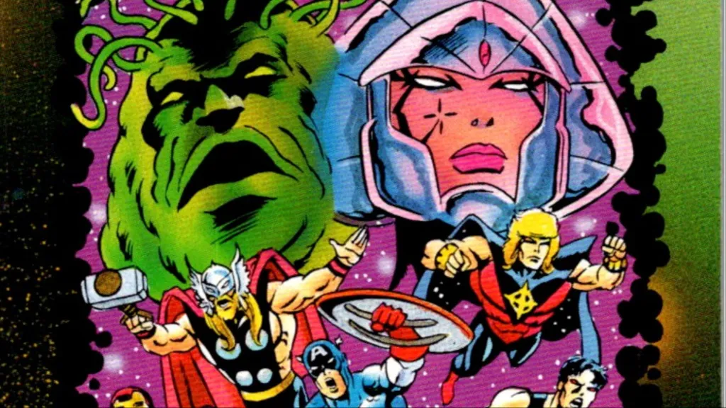 The Kree Supreme Intelligence and Empress Lilandra, as Thor, Captain America, and Quasar prepare to attack