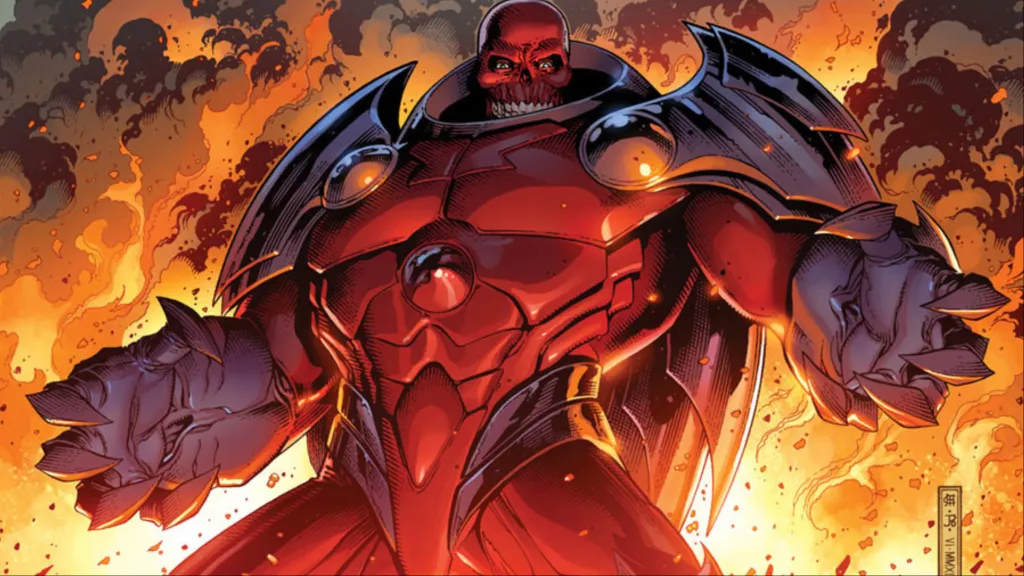 Red Onslaught with fire behind him