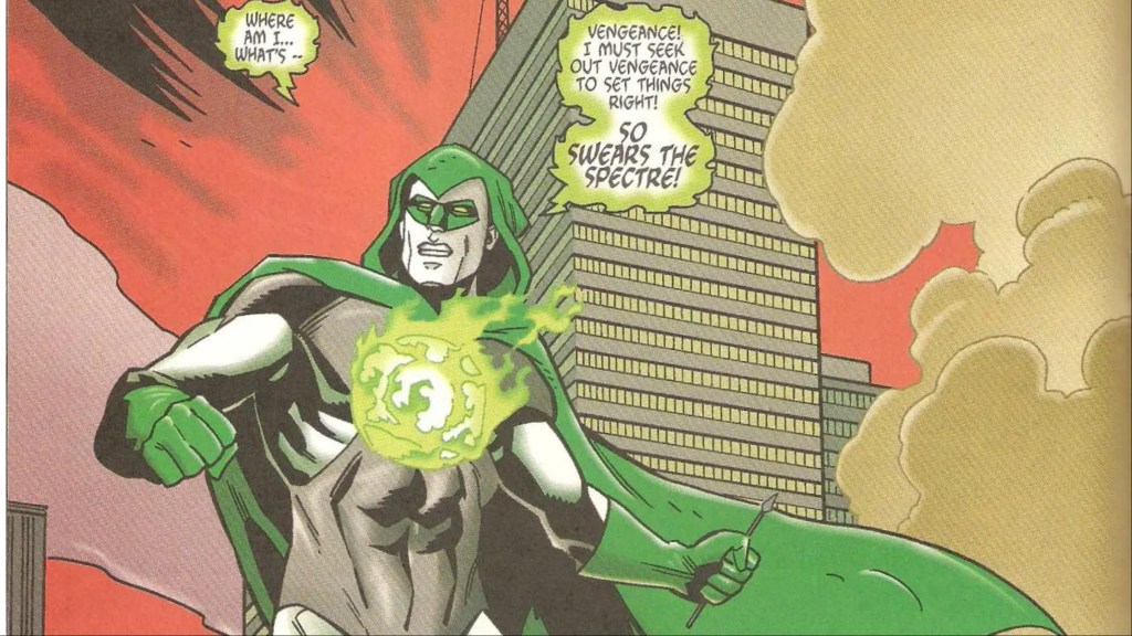 Hal Jordan as the Spectre standing in front of a building