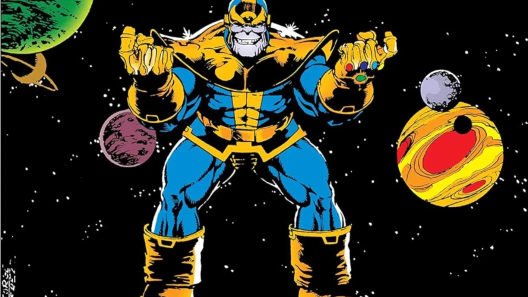 Thanos with the Infinity Gauntlet beckoning his enemies forward