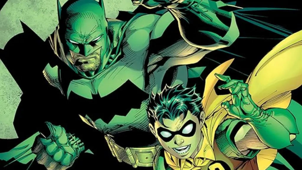 Batman and Robin standing next to each other in a spotlight