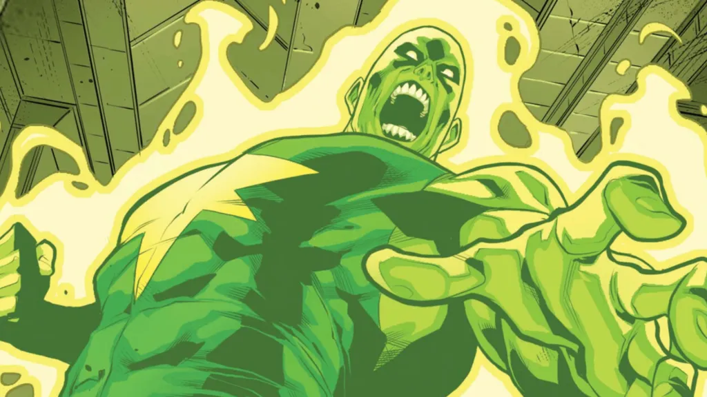 Radioactive Man ready to punch someone, imbued with green energy