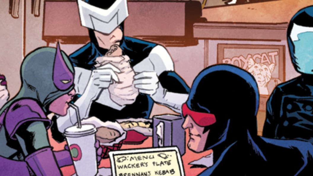 Boomerang, the Beetle, and Speed Demon eating shawarma