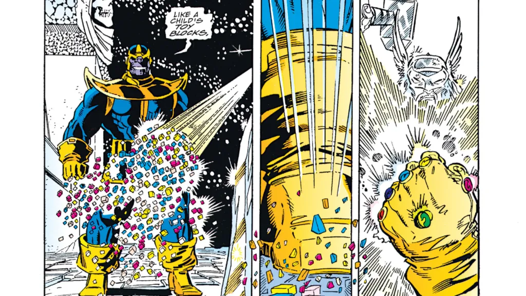 Thanos transforming Nova into cubes and then smashing them