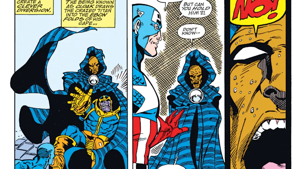 Cloak pulling Thanos in as Cap watches, and then gets overstressed