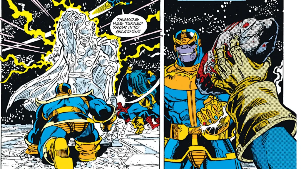 Thanos turning Thor into glass while Terraxia beats Spider-Man to death with a rock in the background