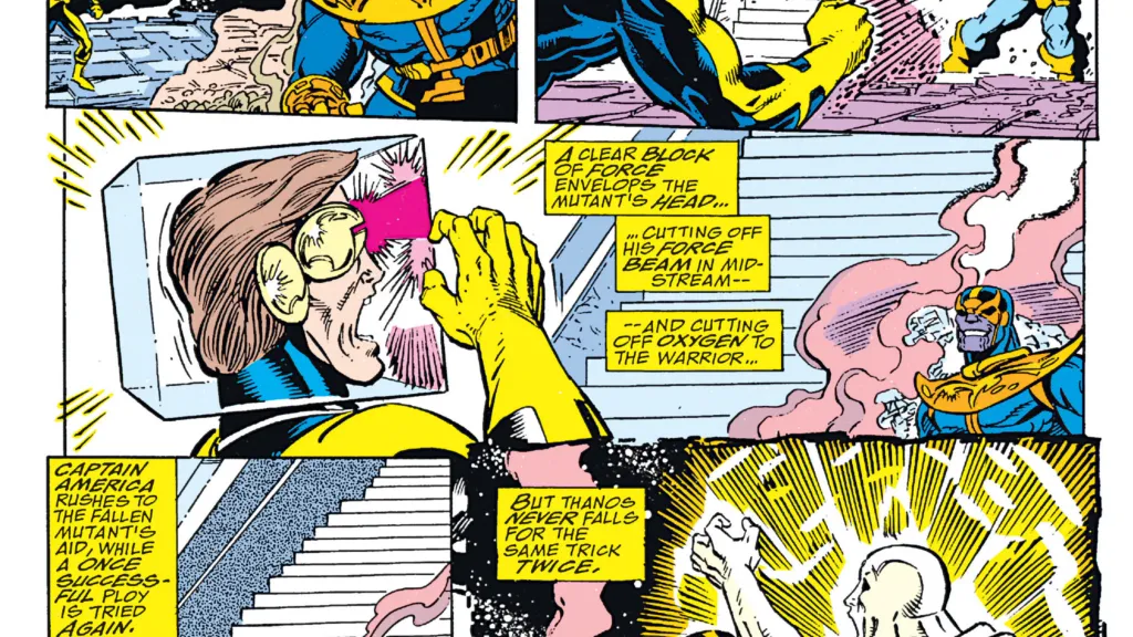 Cyclops panicking as a a clear cube covers his head while Thanos looks on