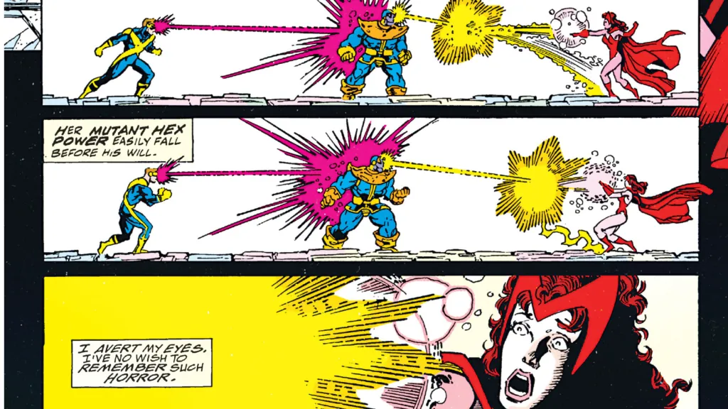 Cyclops and Scarlet Witch attacking Thanos, with Thanos pushing the hex back at a frightening Scarlet Witch