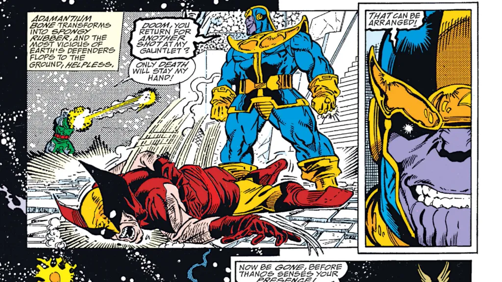 Wolverine falling to the ground, his bones made of rubber, as Doctor Doom fires a blast at Thanos