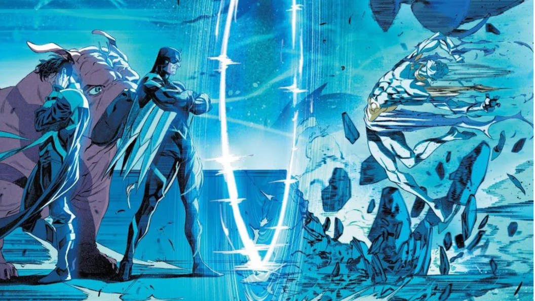 Black Bolt, Maximus, and Lockjaw with the Grandmaster getting pulverized by Bolt's sonic scream
