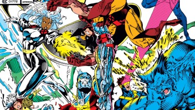 The X-Men Blue and Gole Team battling each ohter