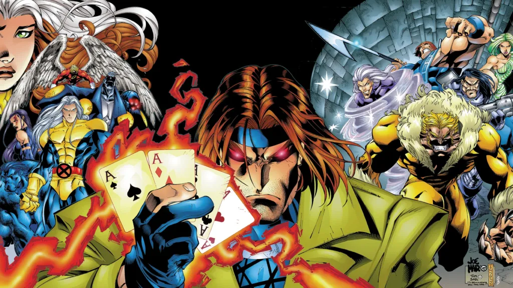 The X-Men on one side, the Marauders on the other, and Gambit holding charged cards