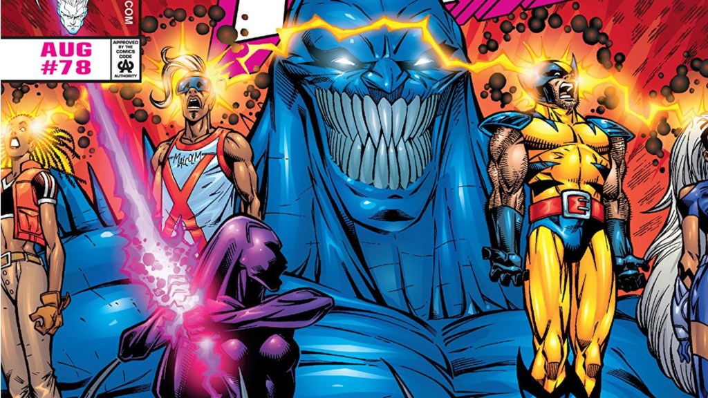 Shadow King holding Cecelia Reyes, Maggot, Wolverine, and Storm in psychic bondage while Psylocke gets ready to attack