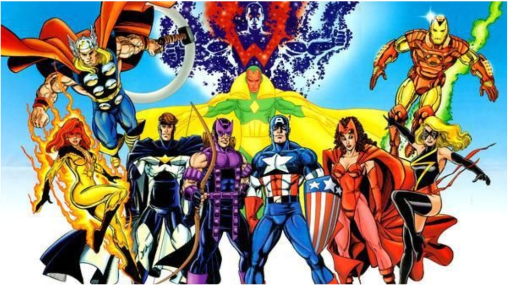 Thor, Wonder Man, Iron Man, Ms. Marvel, Scarlet Witch, Captain America, Hawkeye, Justice, Firetsr and the Vision together