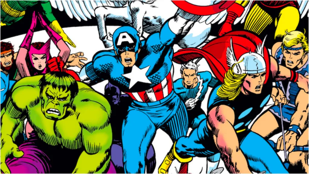 Hercules, Scarlet Witch, Hulk, Swordsman, Captain America, Quicksilver, Thor, and Hawkeye