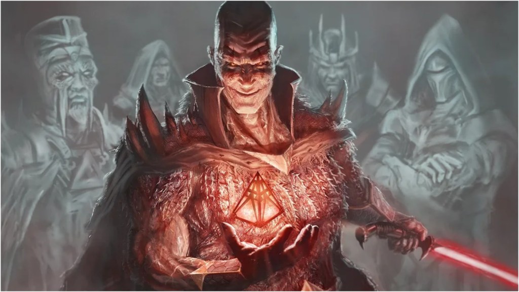 Darth Bane holding a Sith Holocron infront of the spirits of Sith Lords