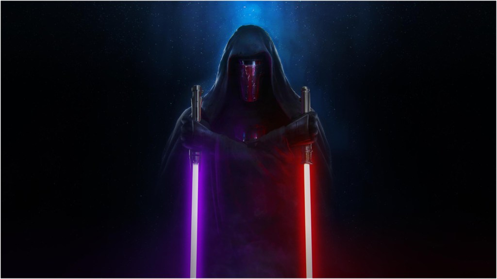 Darth Revan holding his purple and red lightsabers