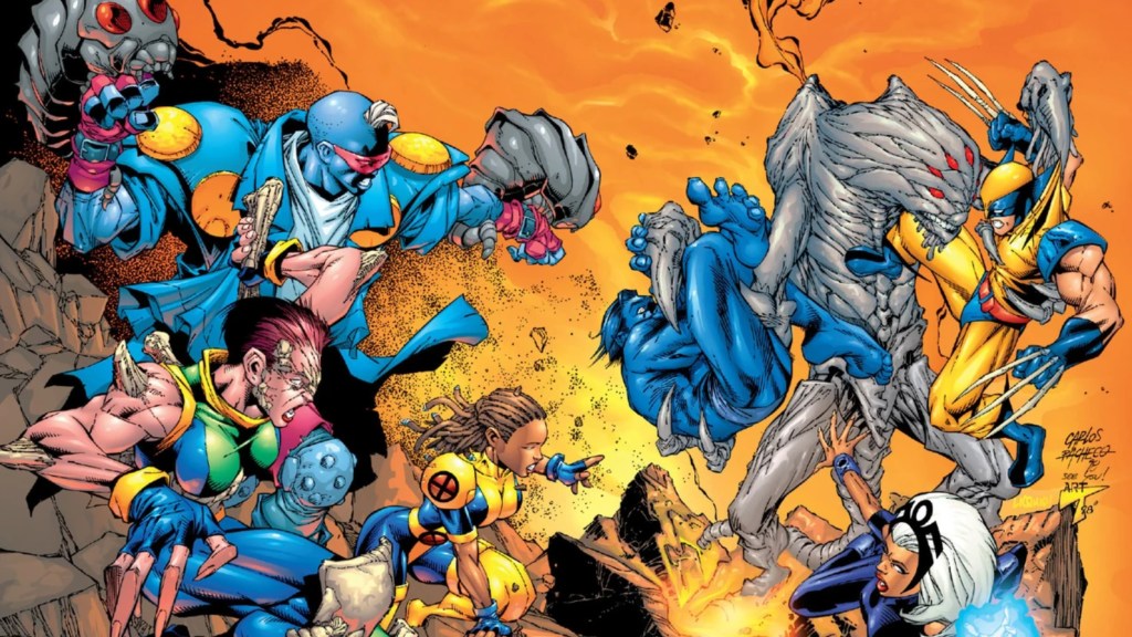Wolverine battling an alien with Beast, as Maggot, Marrow, and Cecelia Reyes look on
