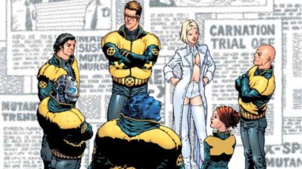 Wolverine, Cyclops, Emma Frost, Xavier, Jean Grey, Beast and Xorn standing in a circle