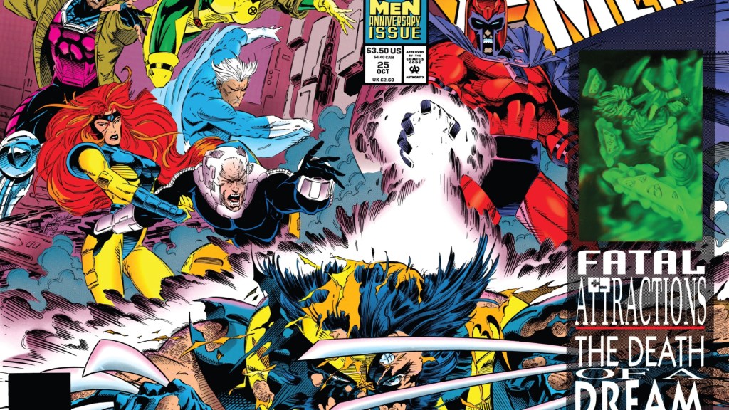 Magneto attacking Wolverine while the X-Men look on from the cover of X-Men #25