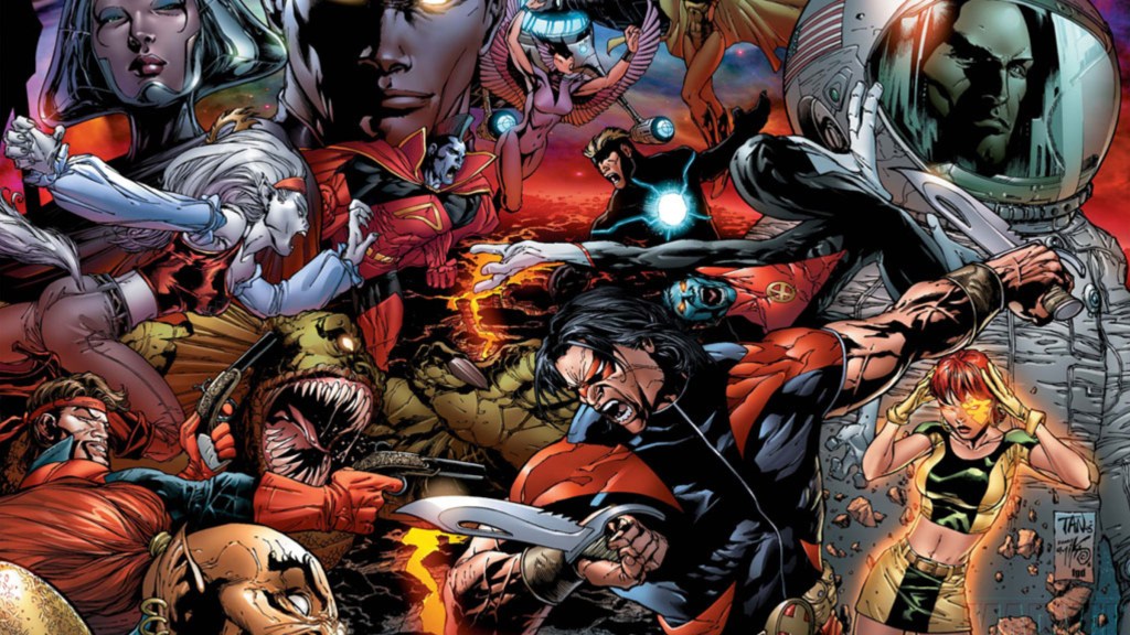 The X-Men battling the Starjammers overlooked by Lilandra, Vulcan, and Xavier