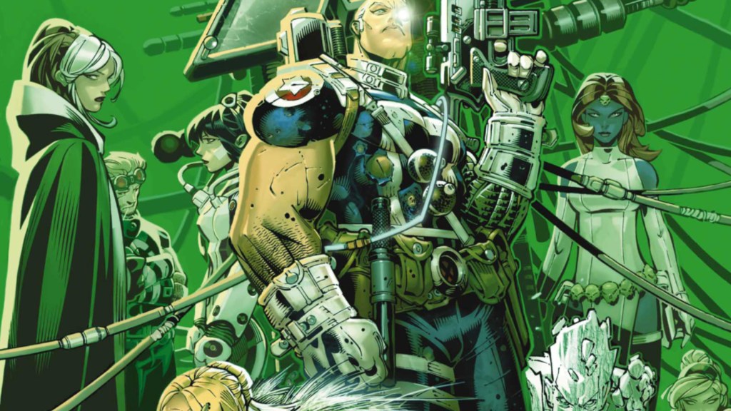 Rogue, Cannonball, Omega Sentinel, Cable, Iceman, Mystique, and Lady Mastermind standing together