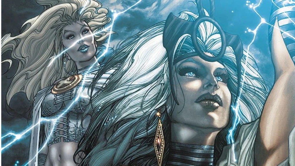 Emma Frost and Storm together, with Storm using her lightning