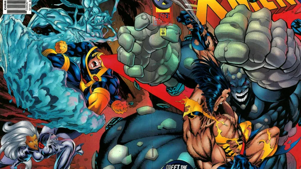 Wolverine, Iceman, Cyclops,a nd Storm battling Post