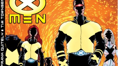Beast, Jean Grey, Wolverine, Cyclops, and Emma Frost walking forward
