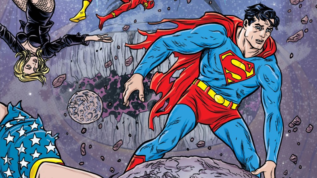 Superman in the void of space with members of the Justice League floating around him