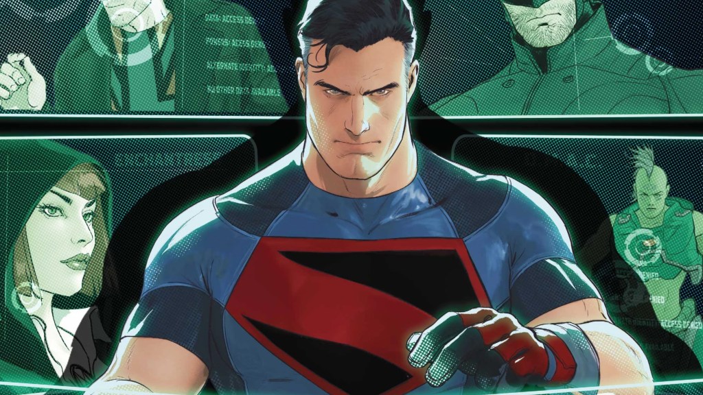 Superman standing in front of screens with members of the Authority on them