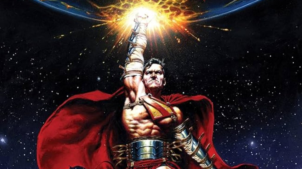 Superman flying and punching a planet