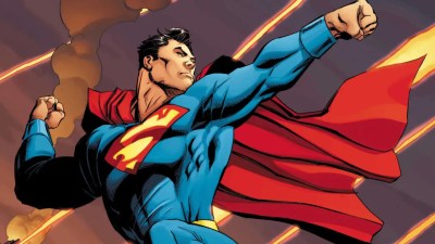 Superman flying as debris flies down from space behind him