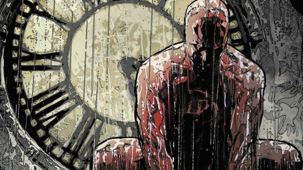 Daredevil in the rain crouched in front of a clock