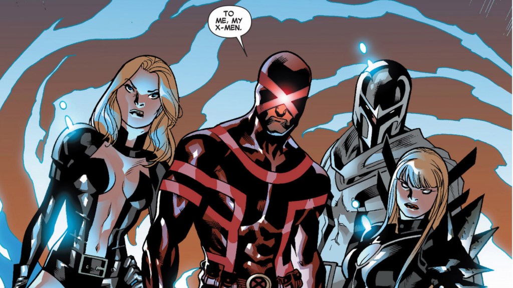 Emma Frost, Cyclops, Magneto, and Magik teleporting in and as Cyclops says to me, my X-Men