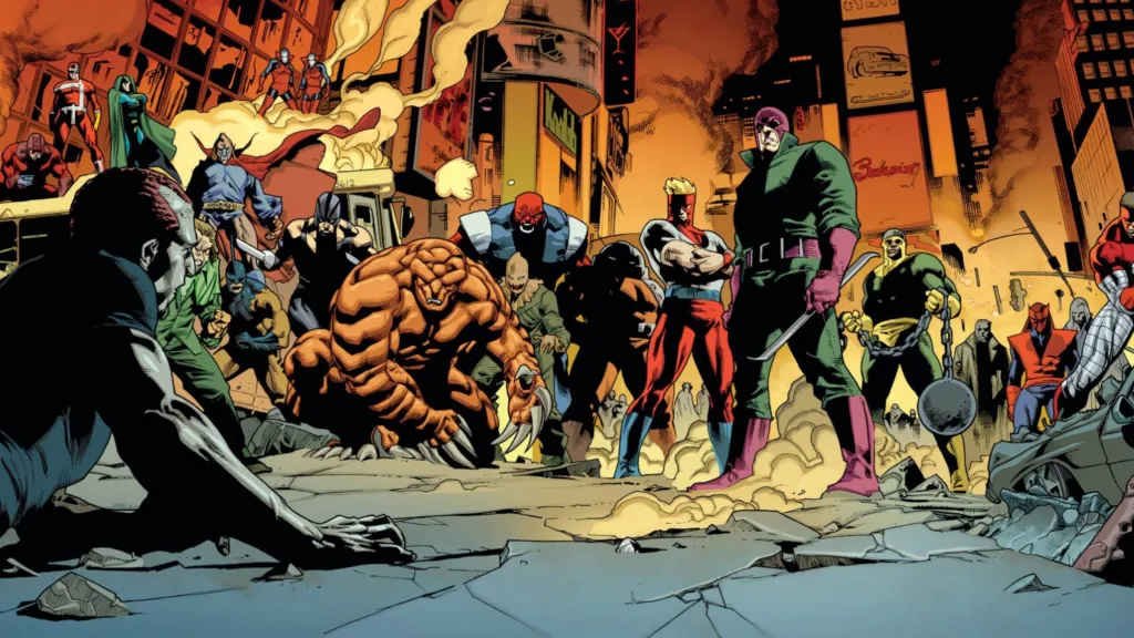 The hood's gang in the middle of a wrecked New York City