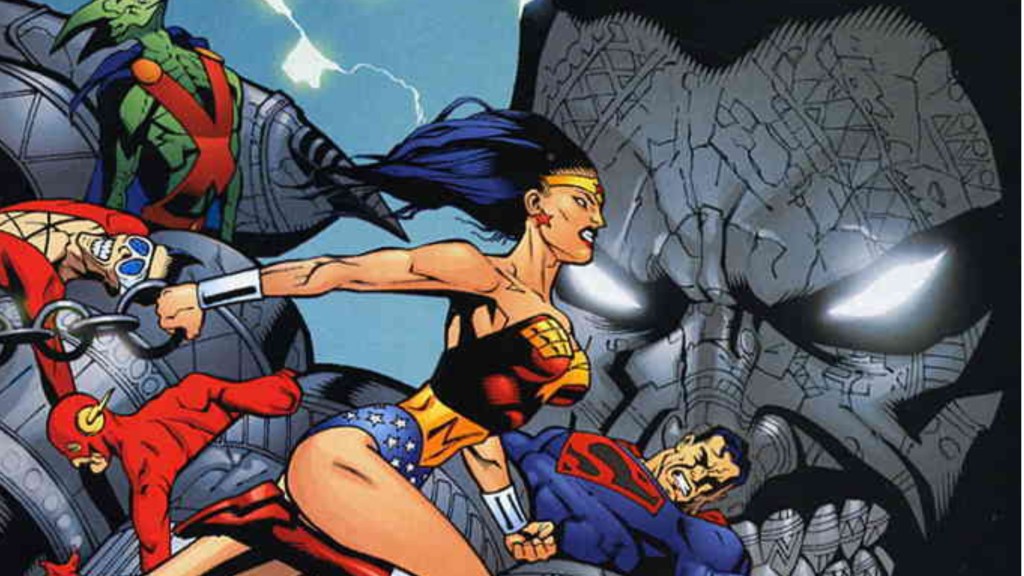 Superman, Wonder Woman, the Flash, Plastic Man, and Martian Manhunter battling a titanic villain