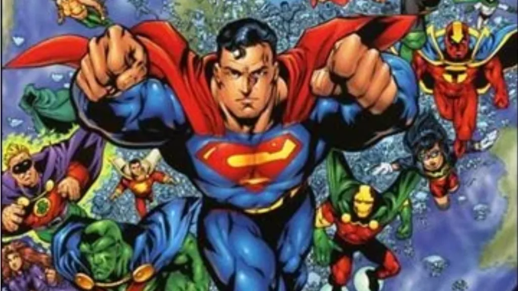 Superman leading the population of the Earth into battle