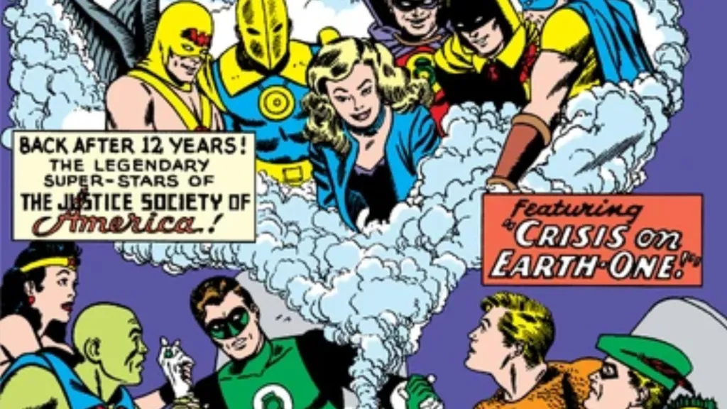 Hawkman, Doctor Fate, Black Canary, Green Lantern, Hourman, and the Atom floating in a cloud of smoke from a crystal ball surrounded by Wonder Woman, Martian Manhunter, Green Lantern, Aquaman, and Green Arrow