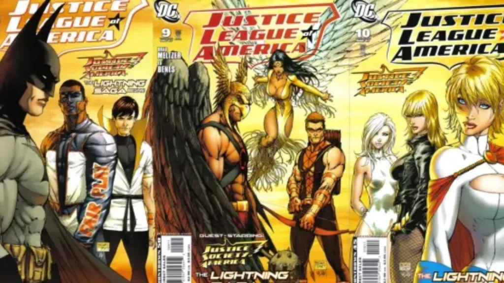 The Justice League and Justice Society of 2007 with Karate Kid drawn by Michael Turner