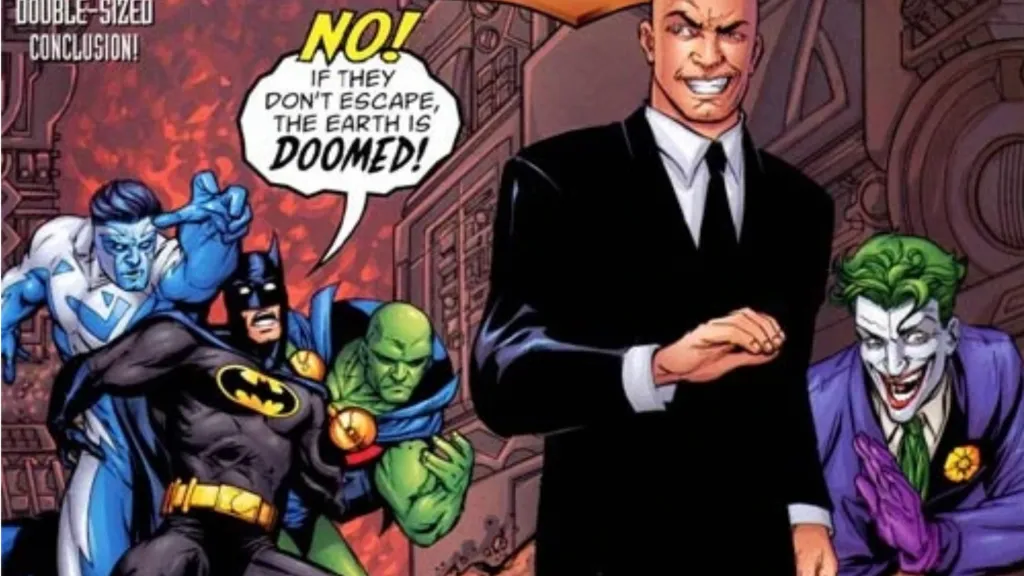 Batman holding back Superman and MArtian Manhunter as Lex Luthor and the Joker walk away