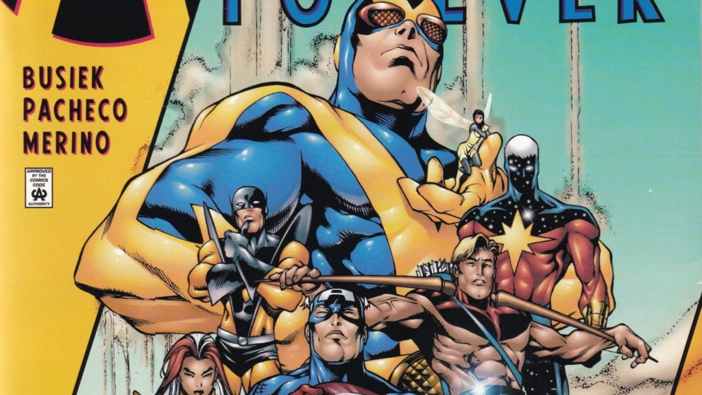 Giant-Man, the Wasp, Captain MArvel III, Hawkeye, Captain America, Songbird, and Yellowjacket standing together