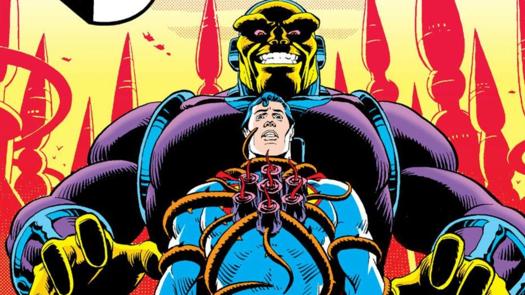 Superman ensnared in the Black Mercy, with a smiling Mongul and a red Kryptonian city behind the villain