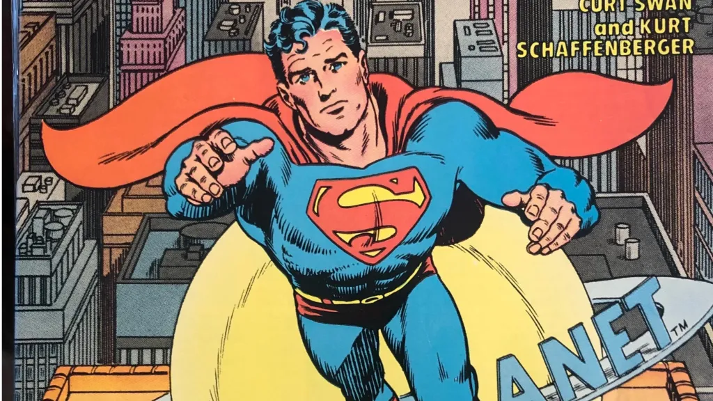 Superman flying away from the Daily Planet