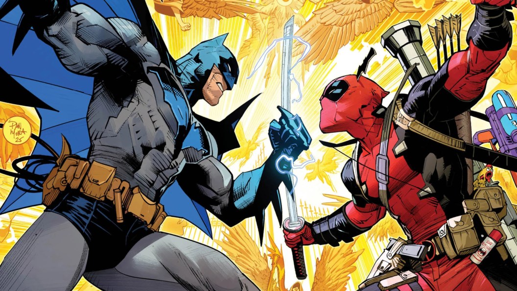 Batman and Deadpool clashing in front of a bunch of angels