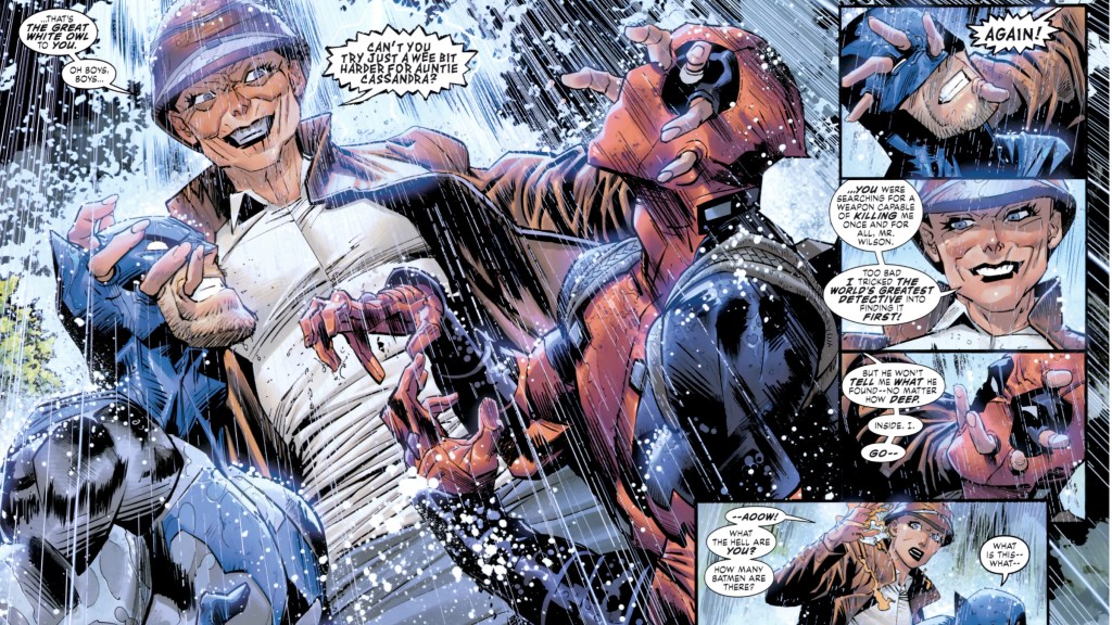 Cassandra Nova with her hands in Batman and Deadpool's heads