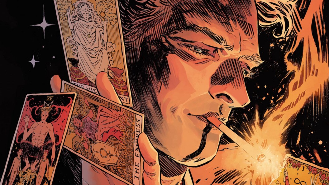 John Constantine smoking and holding tarot cards
