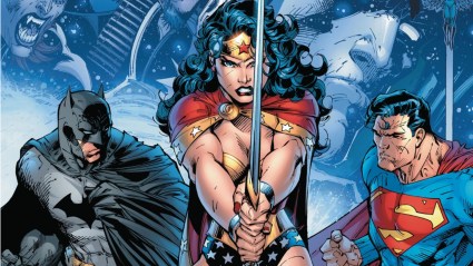 Batman, Wonder Woman, and Superman, with the Spectre behind them